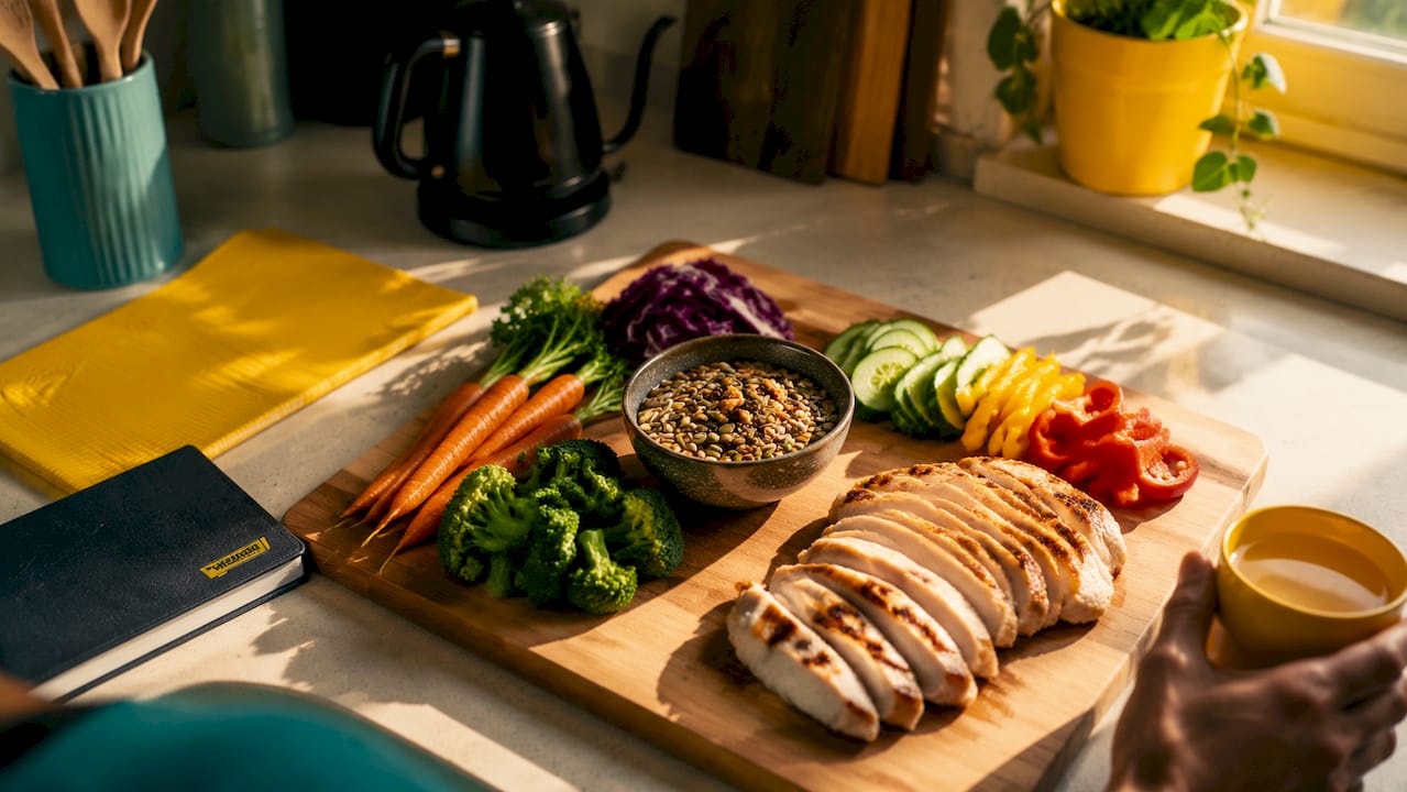 Snacks with fiber, protein, and fat sources on counter