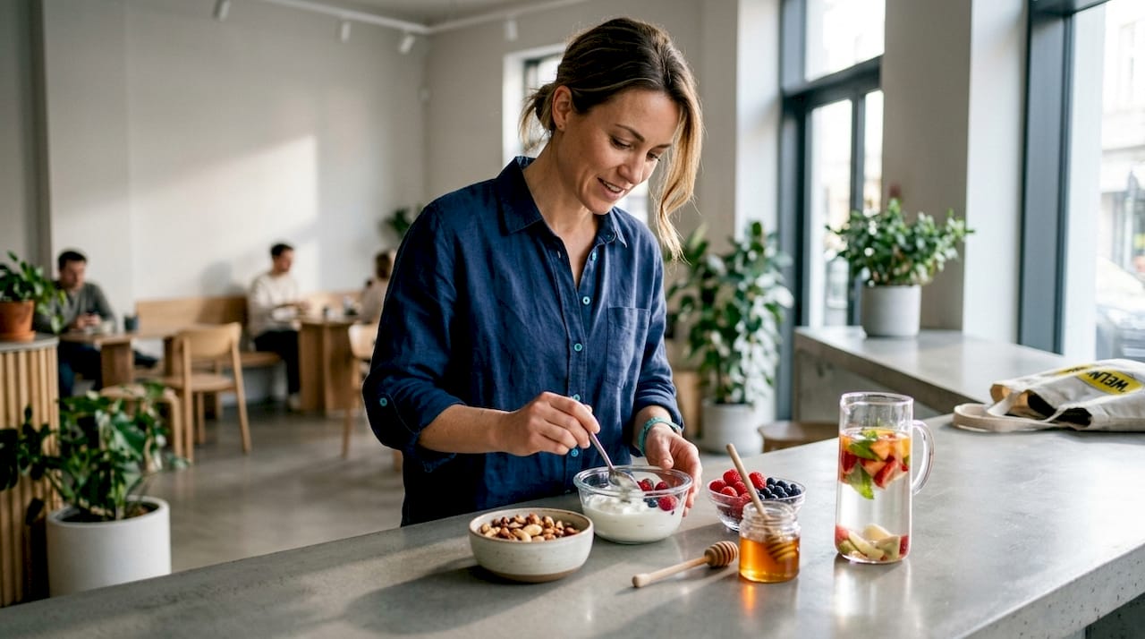 Woman preparing protein-rich snack at kitchen island