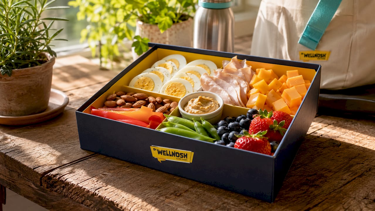 Colorful protein snack box with eggs and cheese