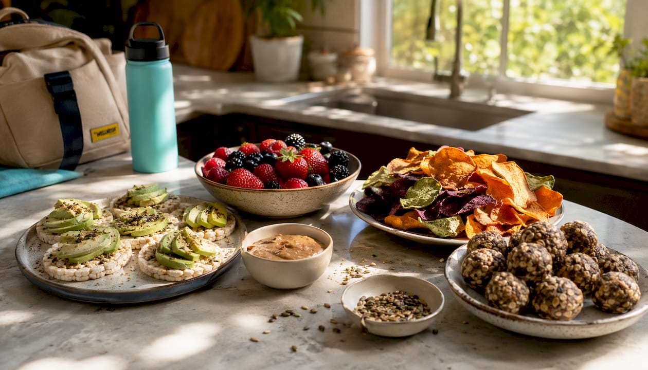 Overhead view of diverse healthy snacks on table