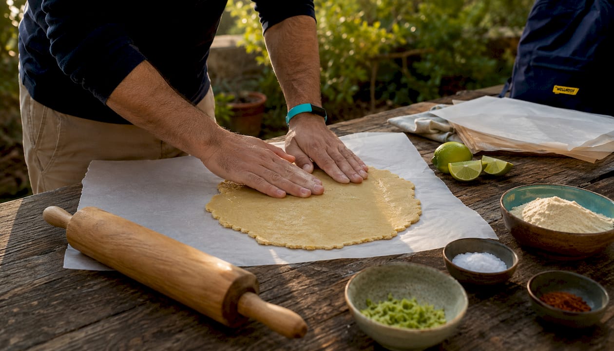 Hands rolling keto tortilla chips dough at home kitchen