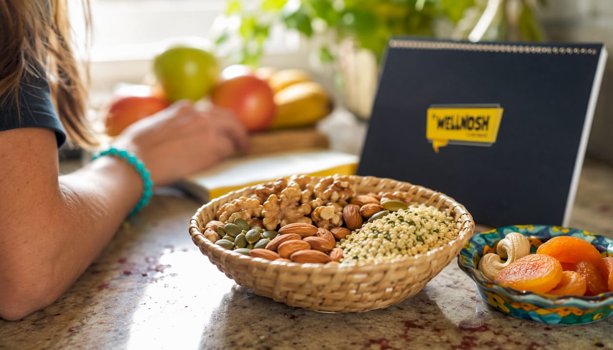 Close-up of bowl with mixed nuts and seeds