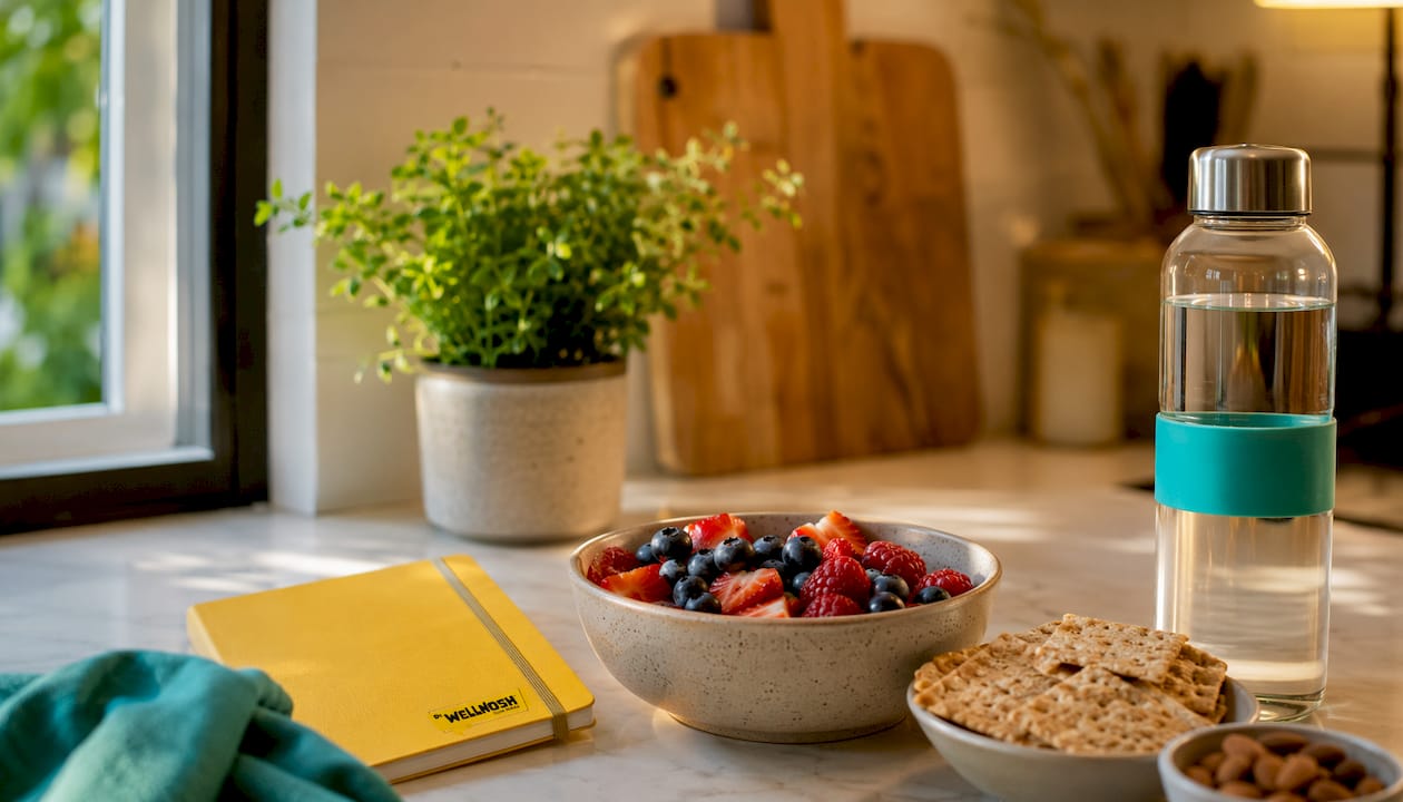 Wholesome snacks and glucose monitor on kitchen counter