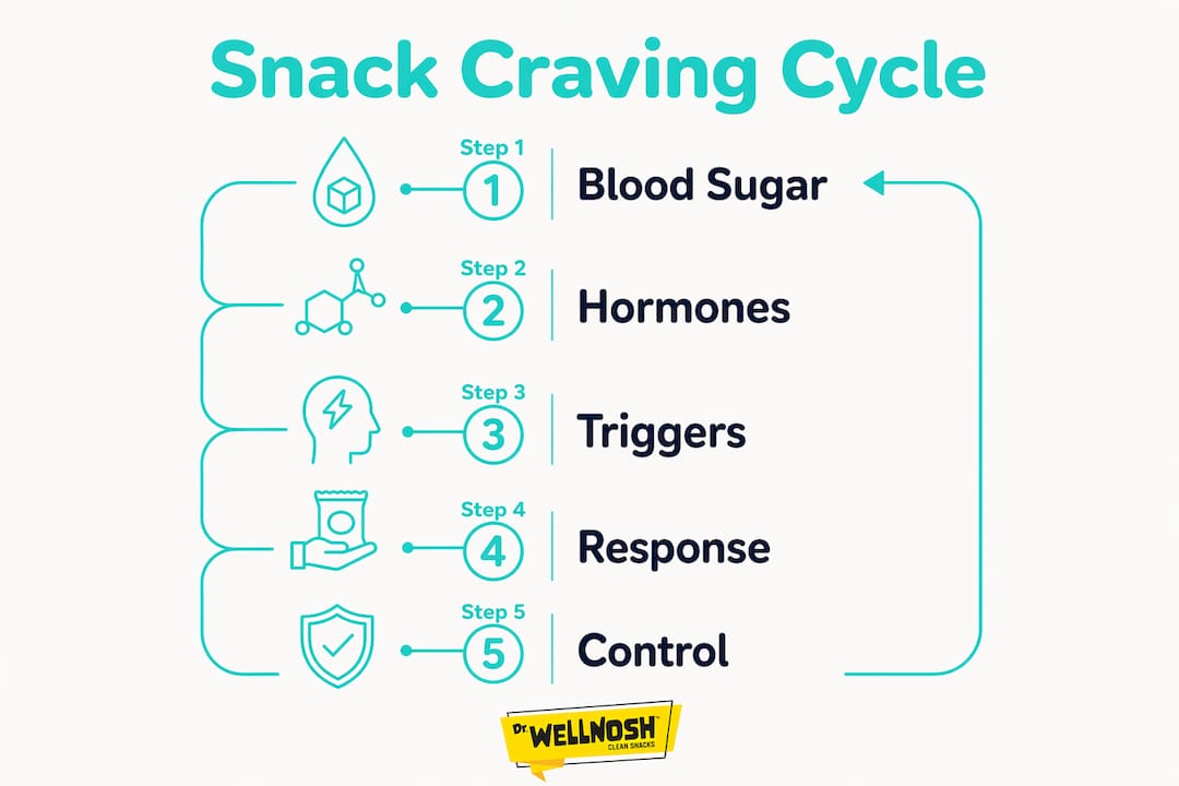 Infographic outlining step-by-step snack craving causes and control