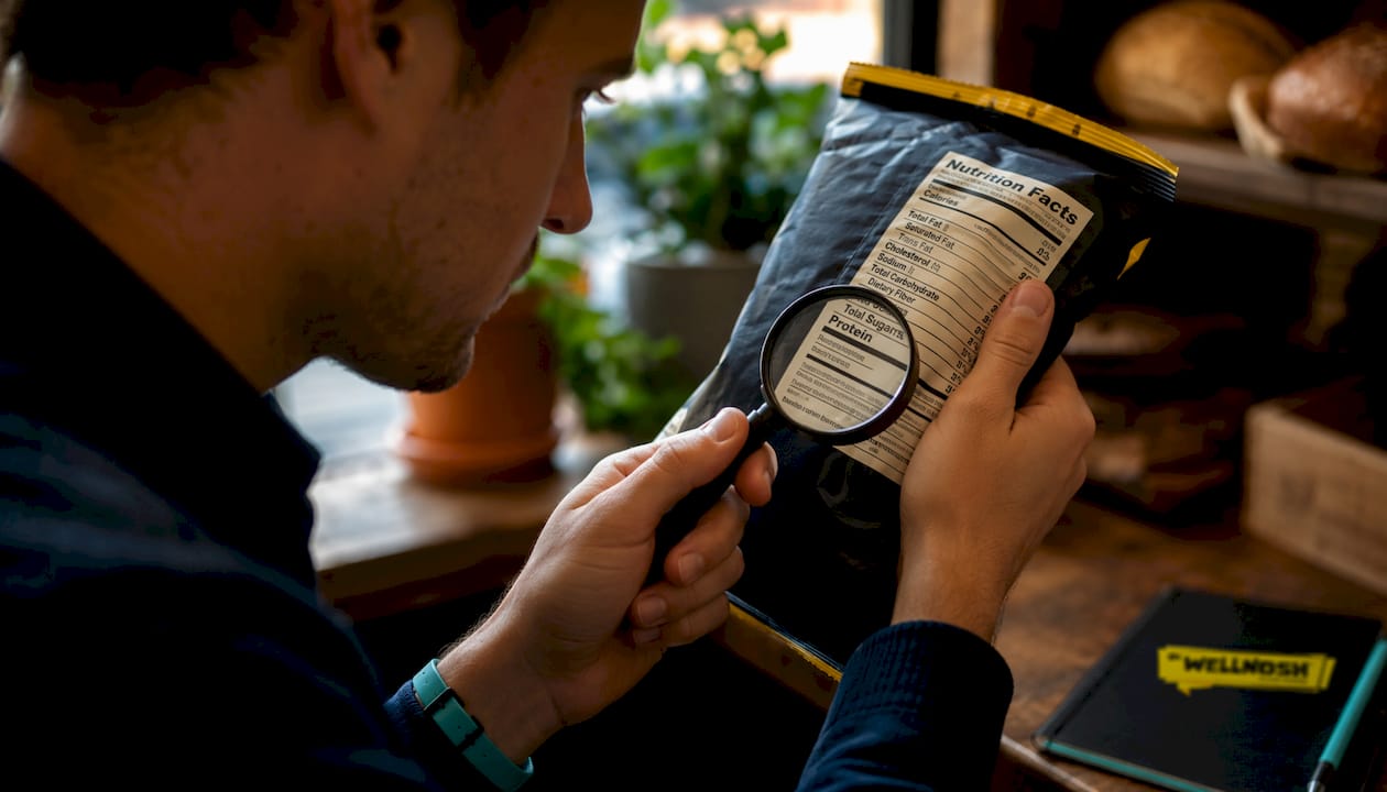Person reading nutrition label on snack