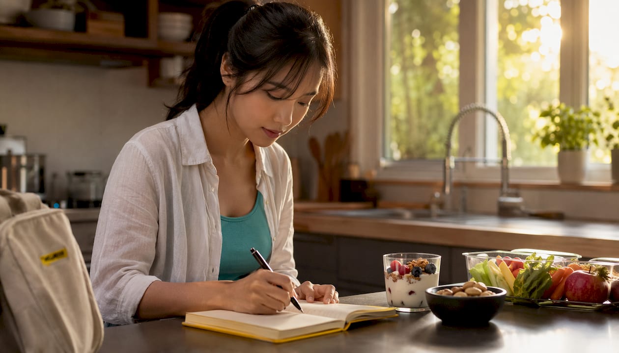 Woman planning protein-rich snacks at desk
