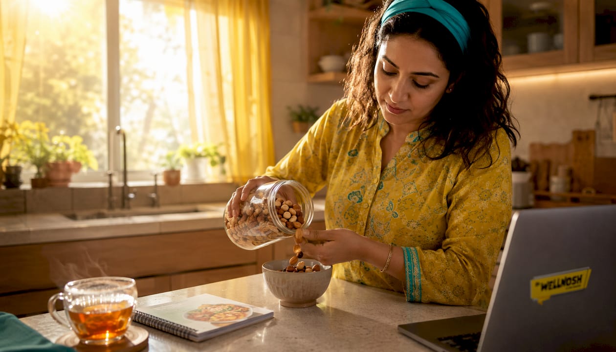Woman measuring nuts on kitchen scale