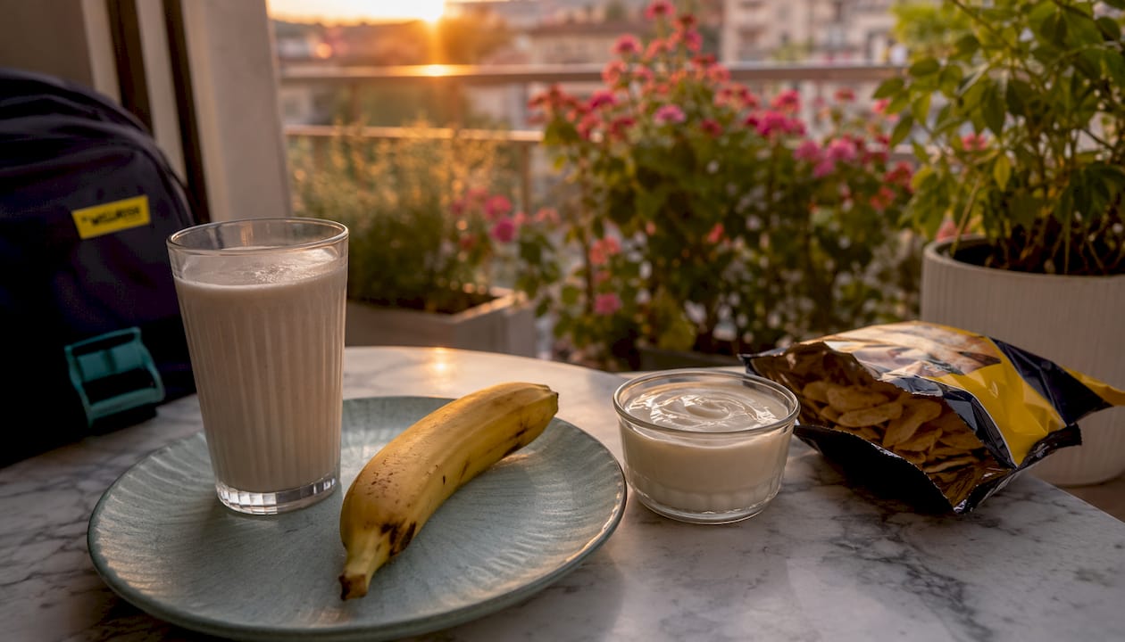 Post-workout protein shake and snack setup