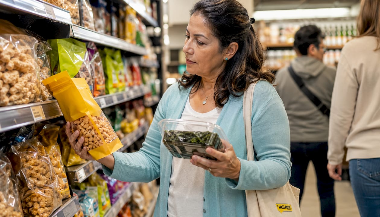 Woman reading low-carb snack labels in grocery aisle
