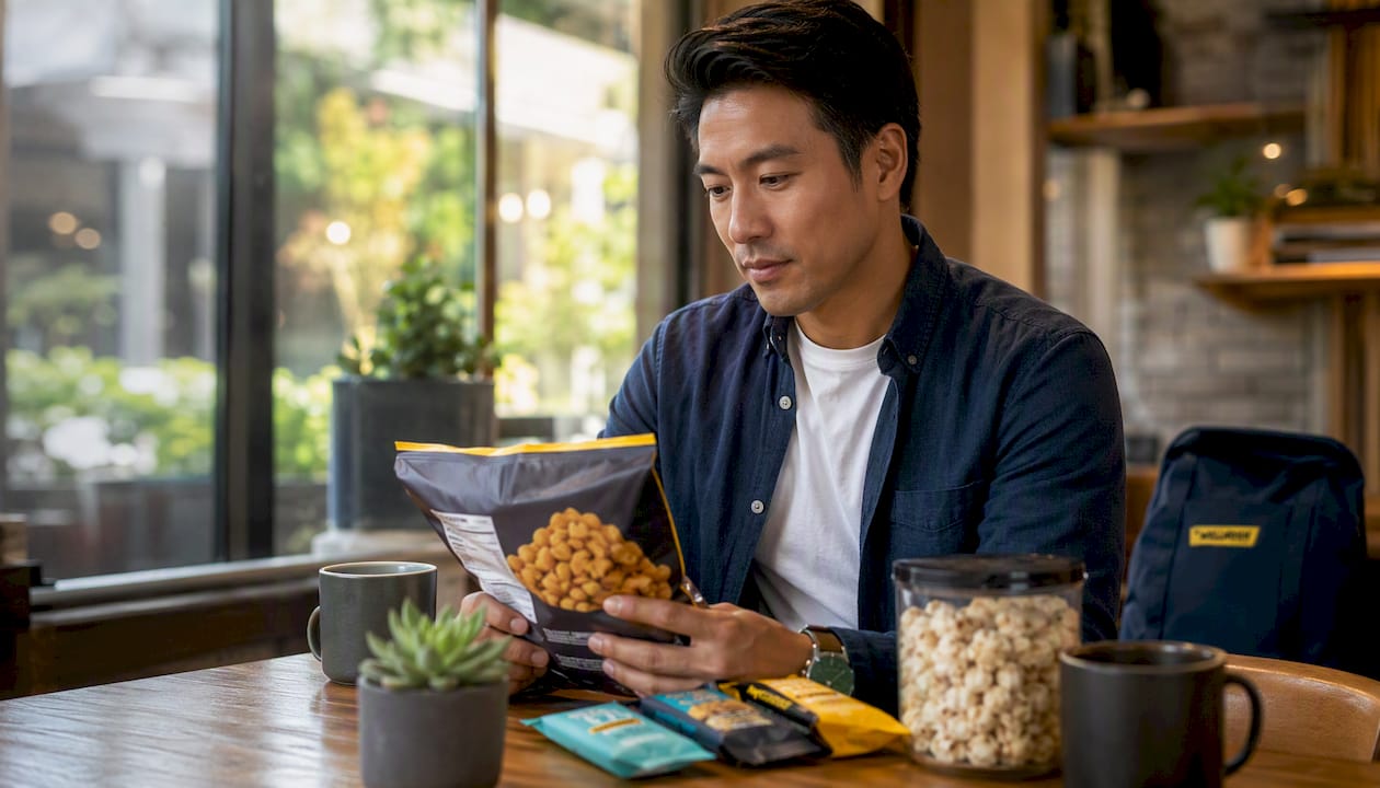 Man comparing low-carb snack prices at kitchen counter