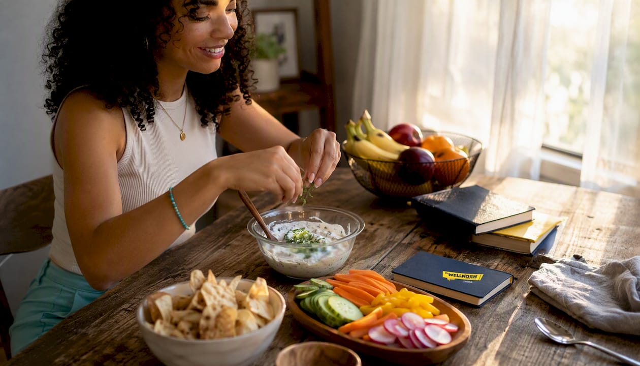 Woman preparing quick balanced snack on kitchen counter