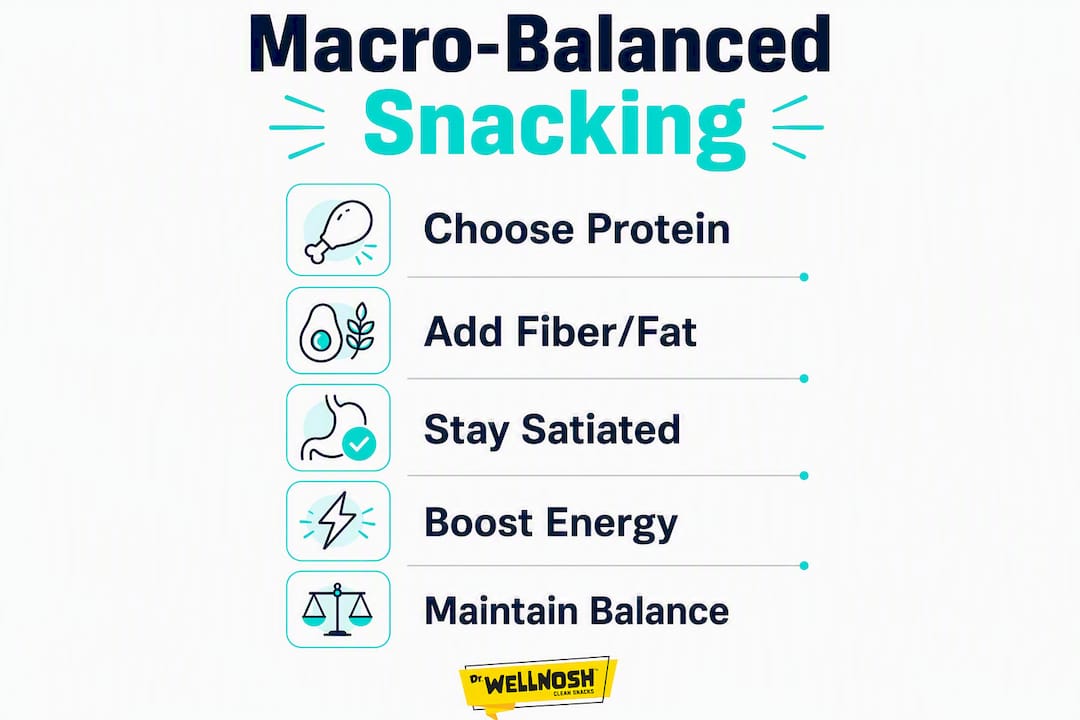 Infographic showing macro-balanced snacking key steps and benefits