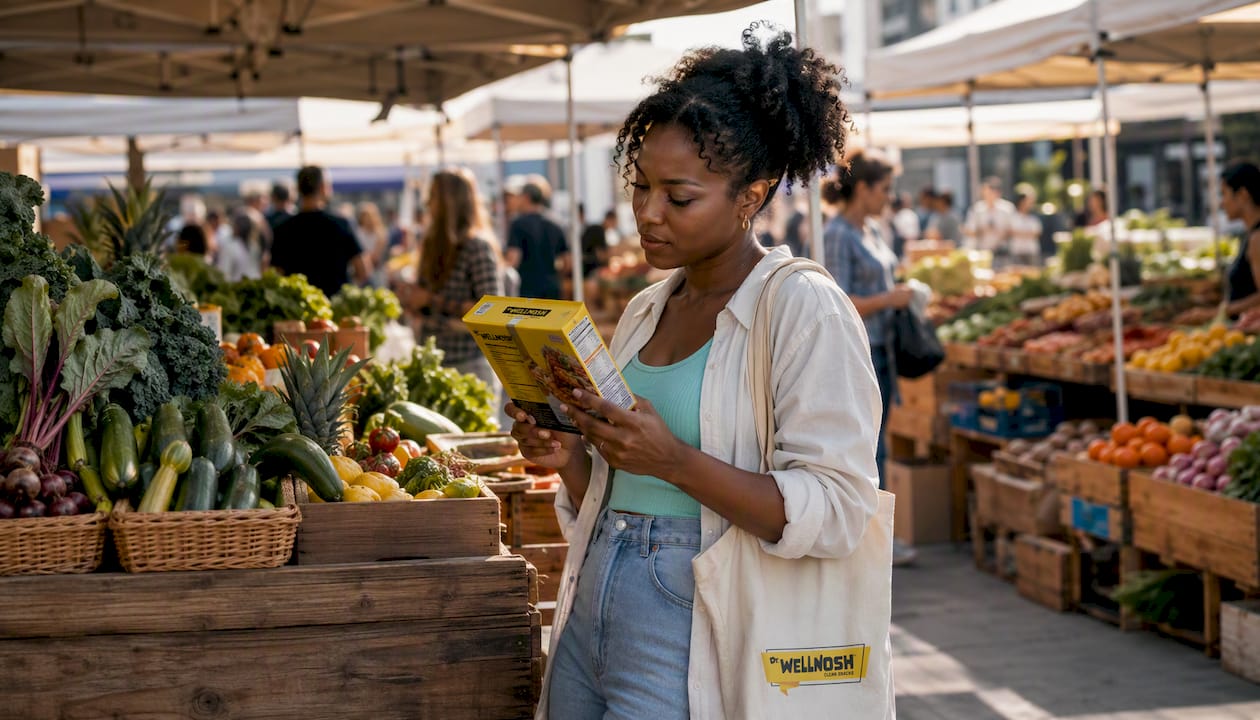 Person reading nutrition label on veggie chip variety pack