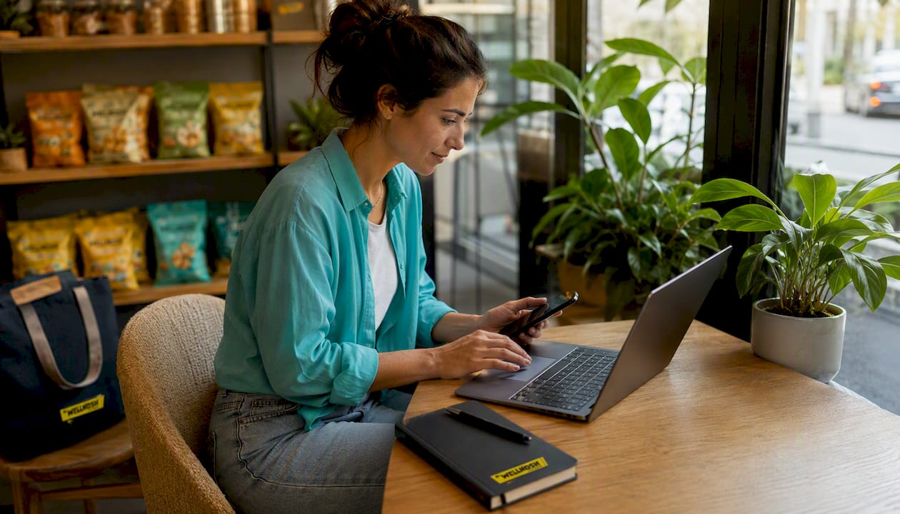 Woman verifying Wellnosh seller online