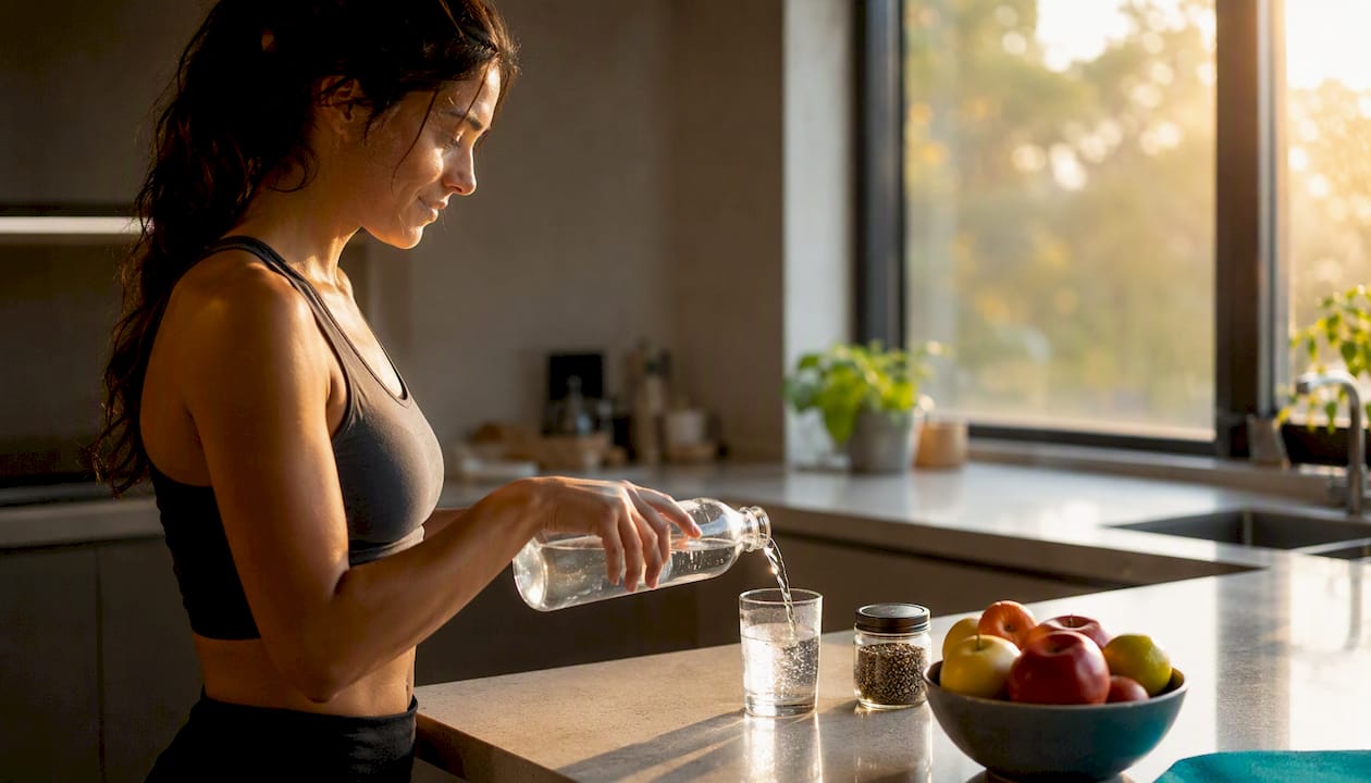 Person pouring glass of water at kitchen counter