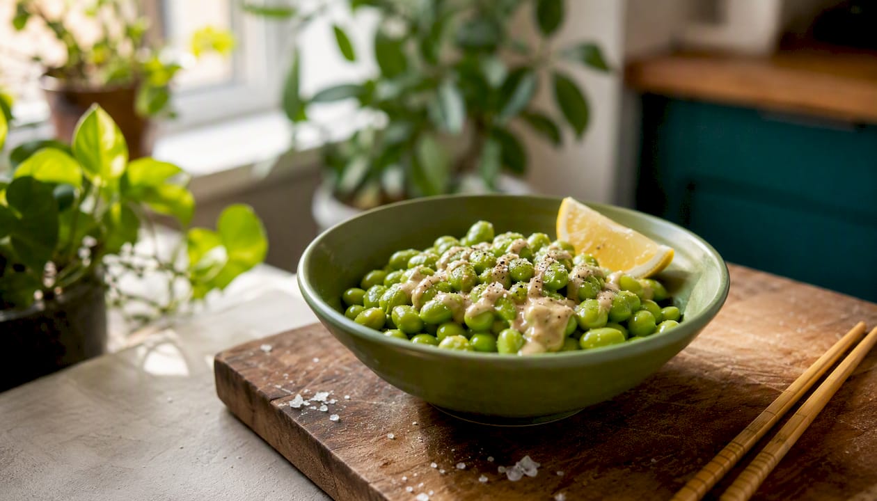 Bowl of seasoned shelled edamame with lemon