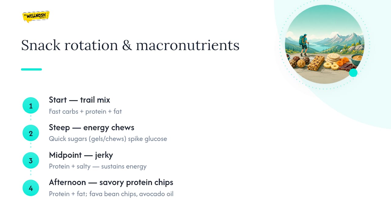 Diagram illustrating snack macronutrient and flavor rotation for hikers