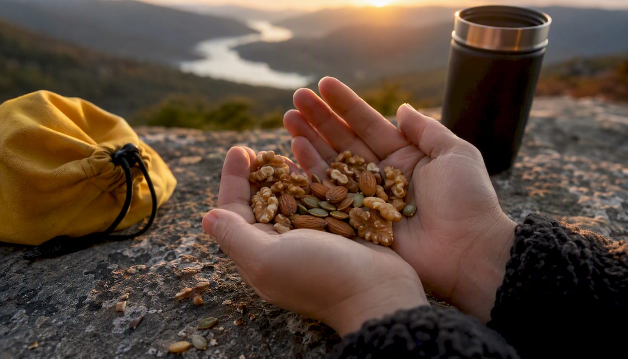 Close-up of nuts and seeds snack in hand