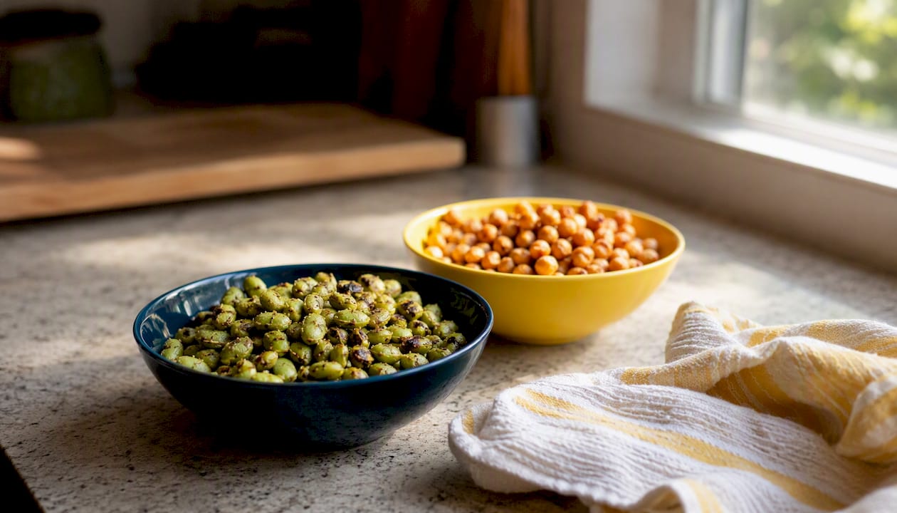 Bowls of roasted edamame and chickpeas