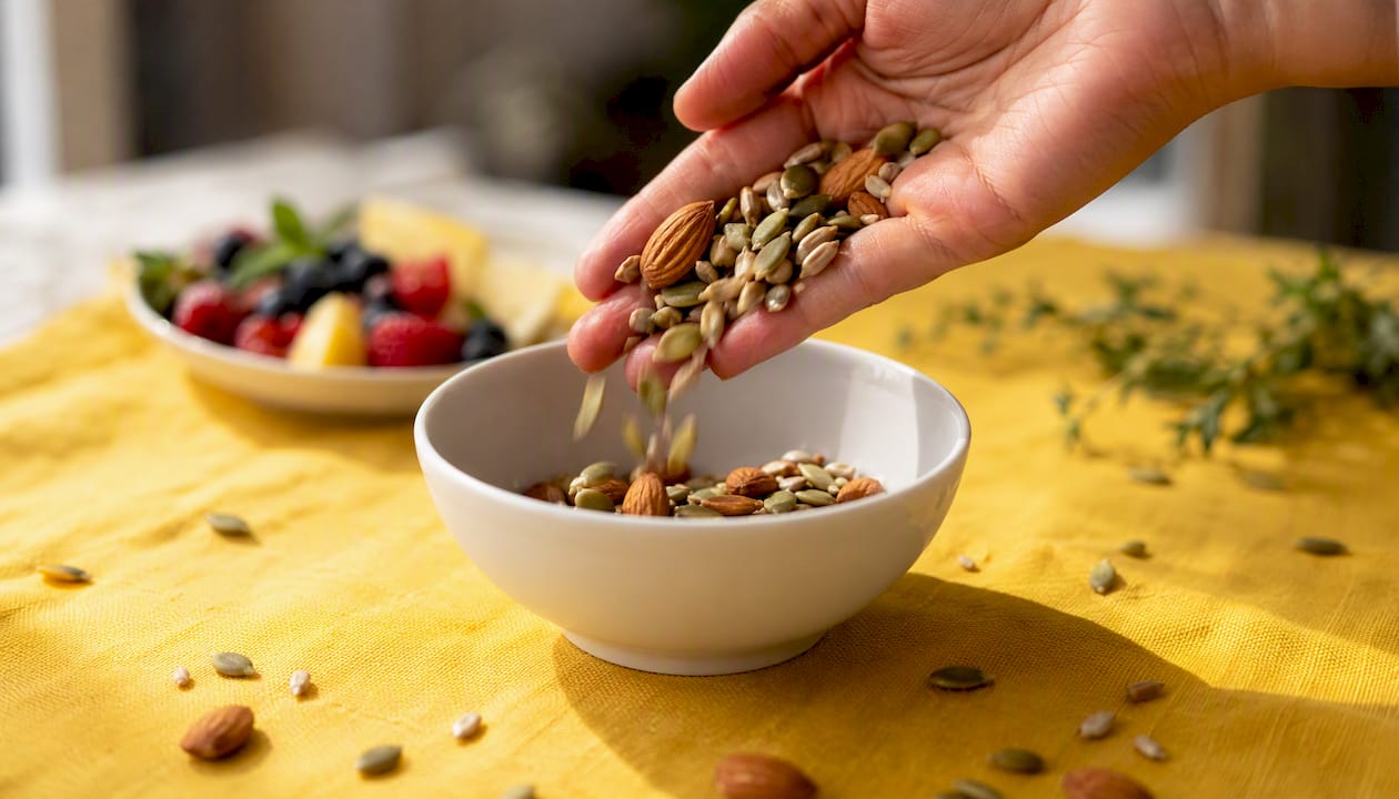 Close-up of nuts and seeds pouring into bowl