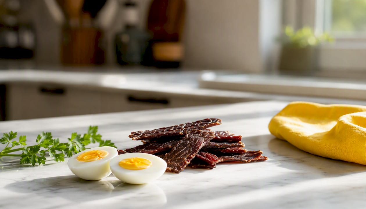Hard-boiled eggs and beef jerky keto snack