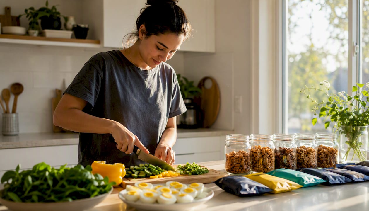 Person chopping vegetables and organizing snack prep