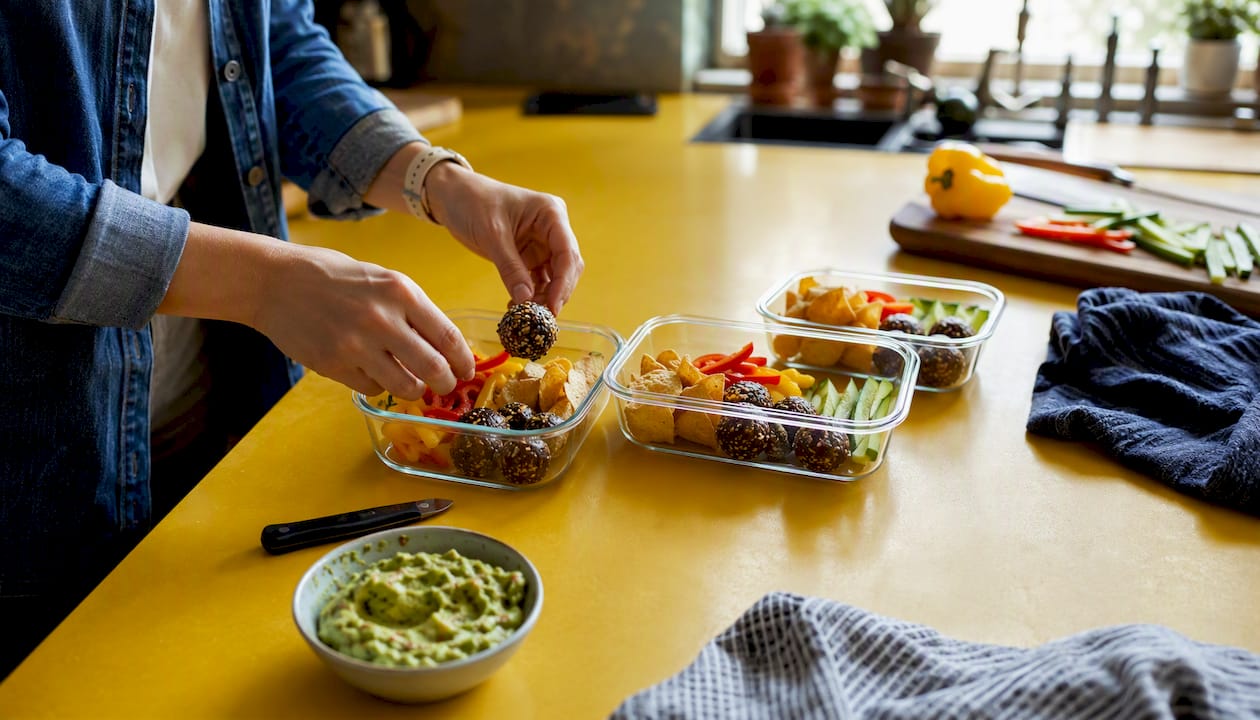 Hands packing snack portions in meal prep containers