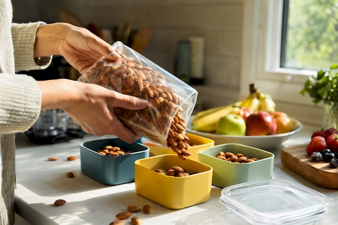 Hands portioning almonds into small containers