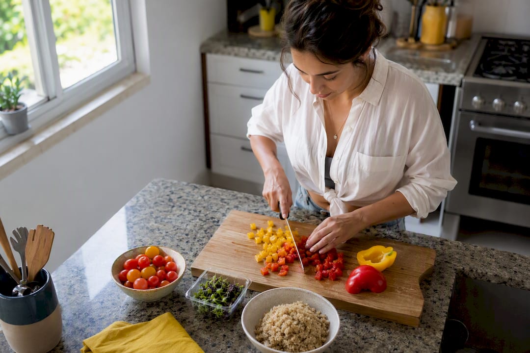 Woman slicing cooked chicken for protein meal prep