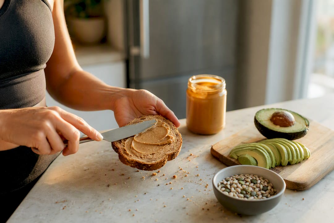 Hands scooping nut butter with avocado and seeds