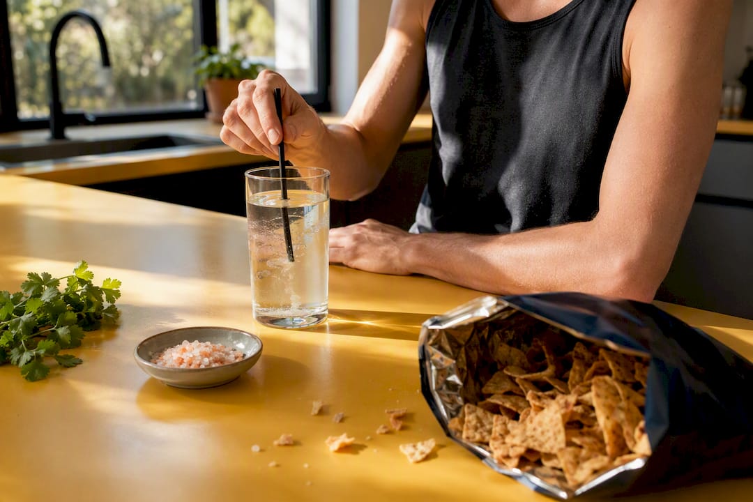 Hand stirring water with Celtic salt next to protein chips