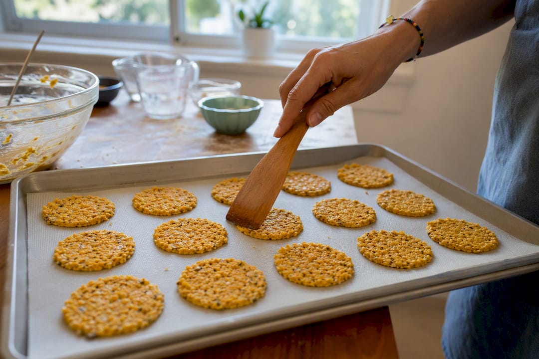 Home baking tray with vegan cheese chips spaced out