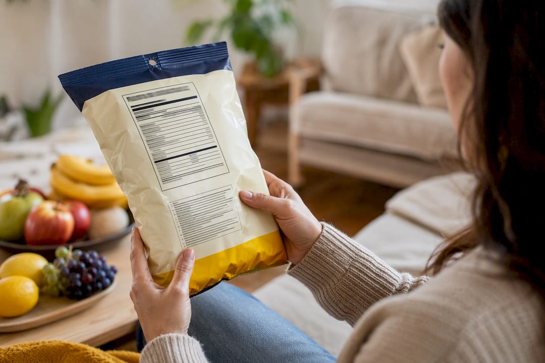 Hand viewing vegan chip nutrition label