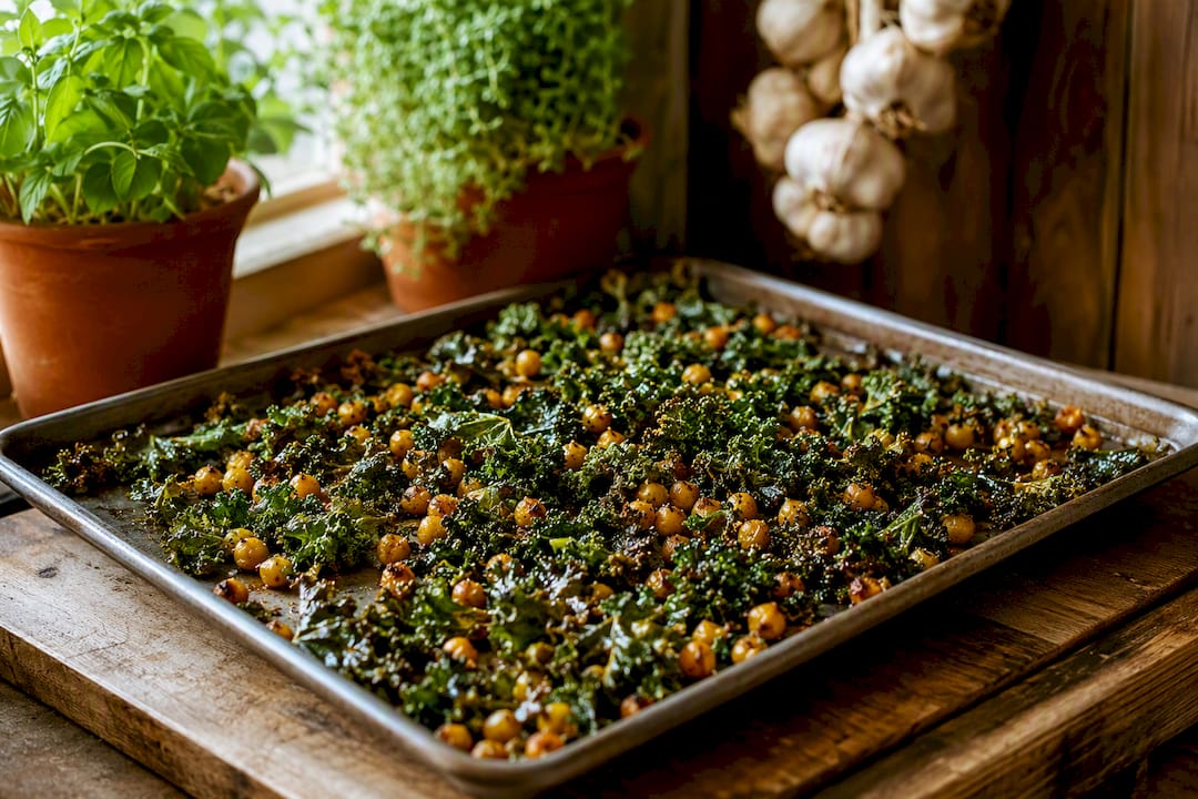 Freshly baked kale and chickpea chips in oven