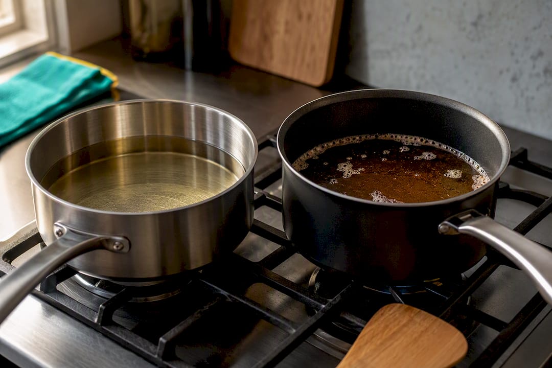 Clear fresh oil beside dark foamy oil