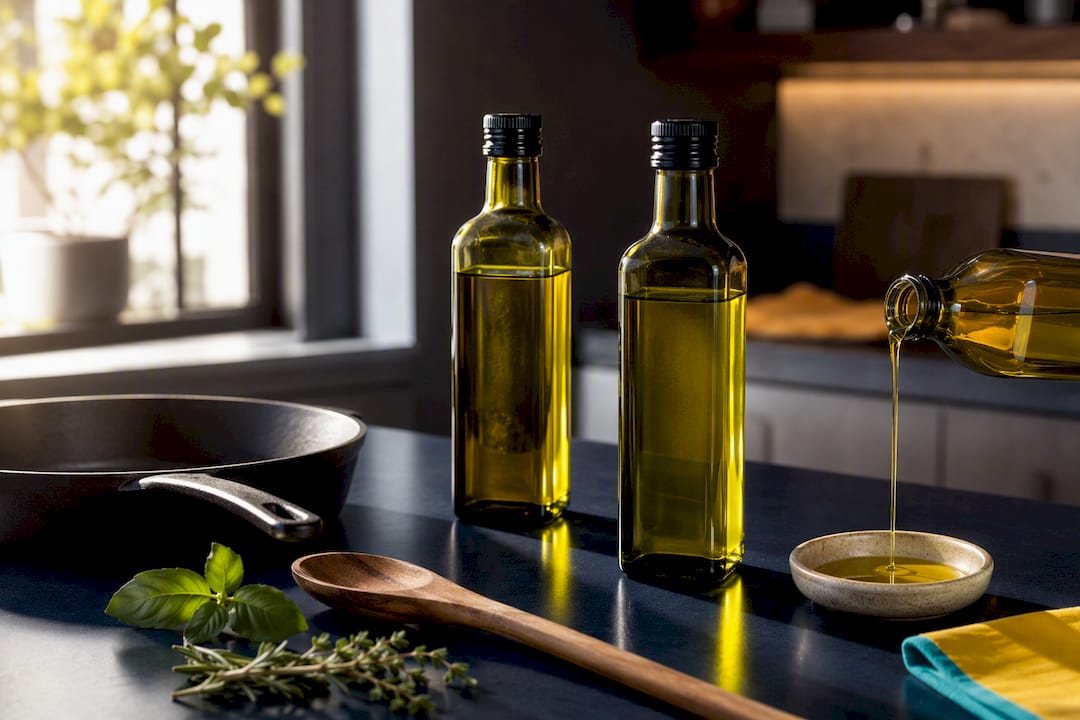 Cooking and finishing oils on kitchen island