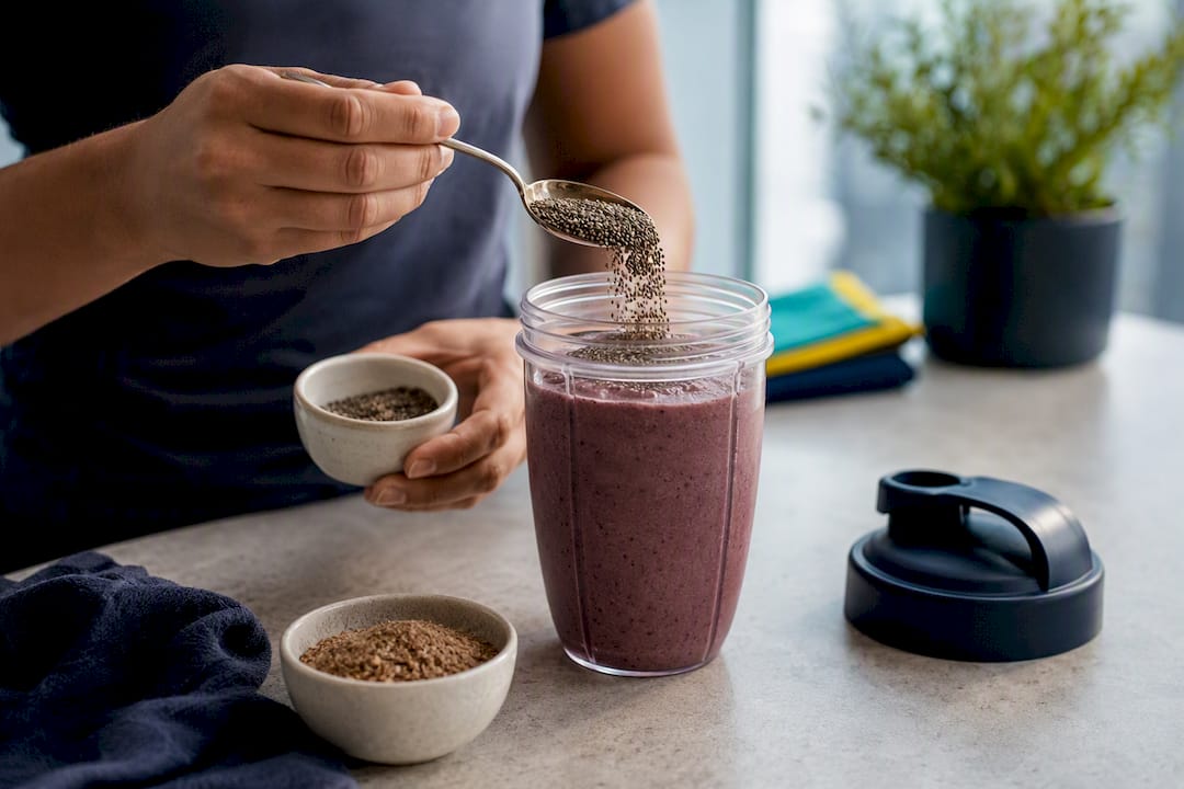 Chia being added to a recovery smoothie