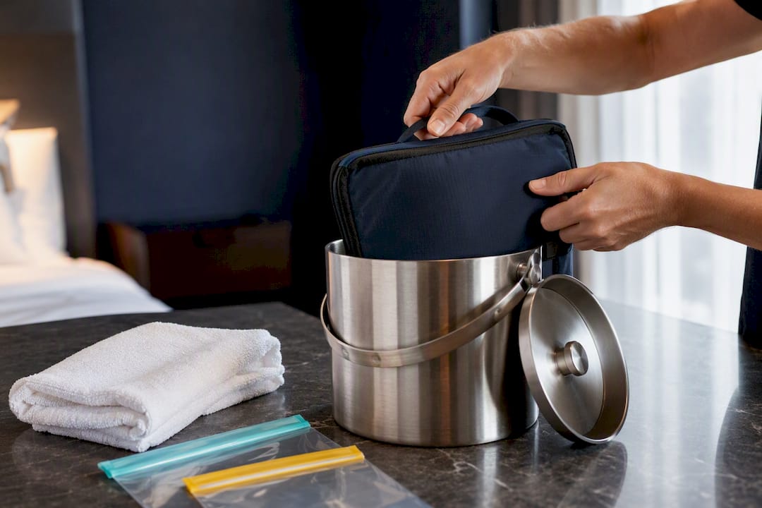 Foldable cooler bag inside hotel ice bucket