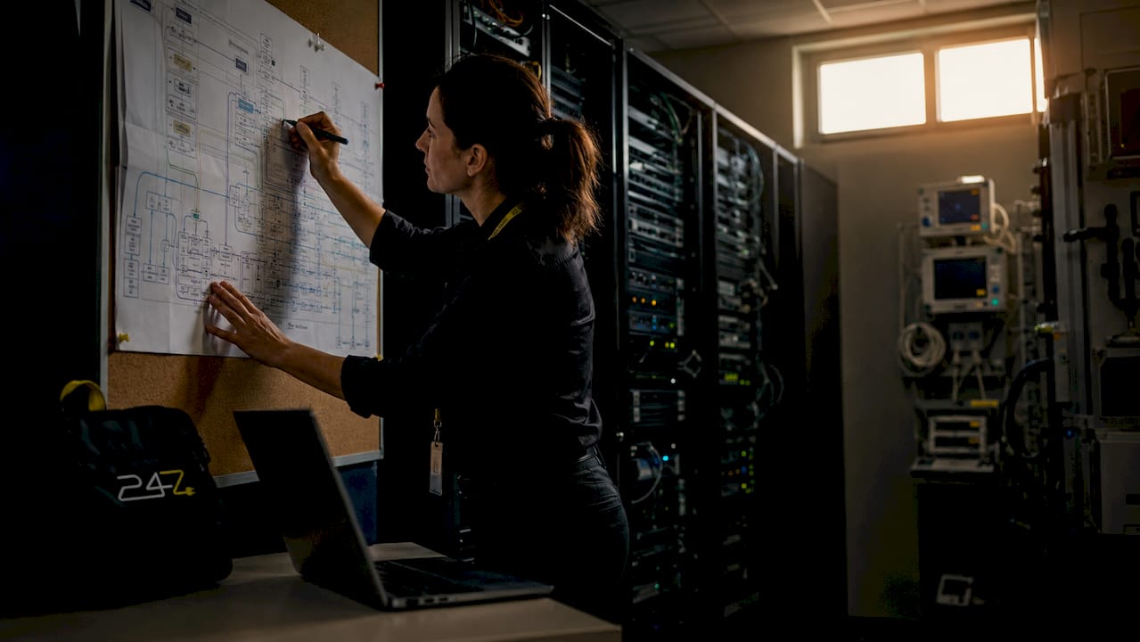 Hospital IT specialist reviewing network diagram