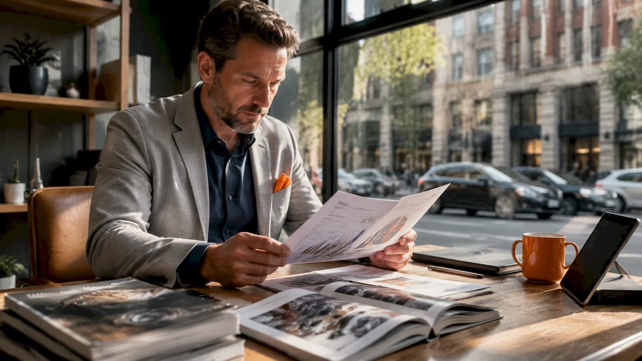 Manager reviewing AI inventory documents in office