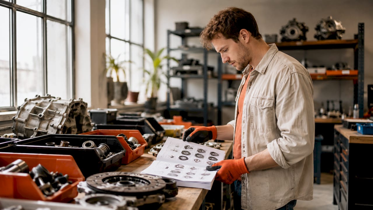 Hands scanning auto parts labels in warehouse