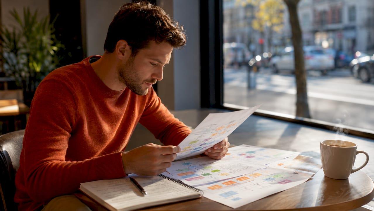 Financial analyst reviewing AI modular pipeline documents