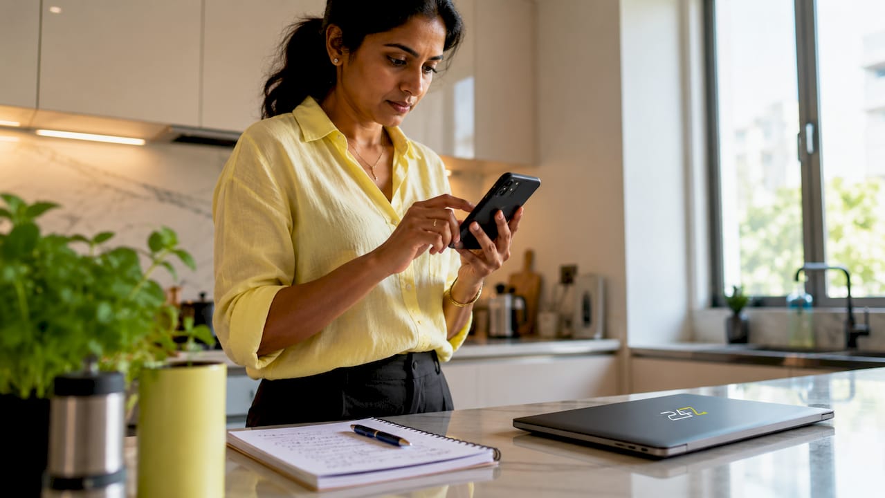 Woman setting up mobile authentication app in home office
