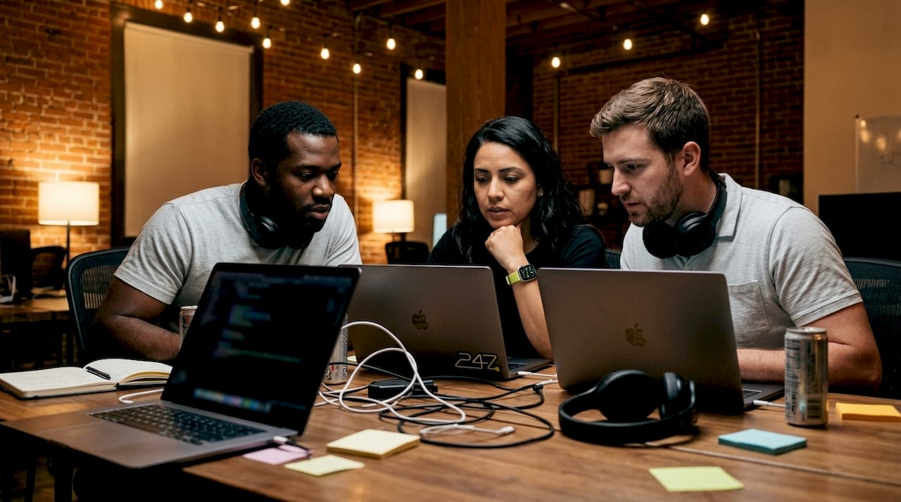 Remote IT security team video meeting in co-working space