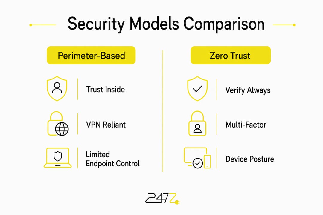 Infographic comparing perimeter-based and Zero Trust security models