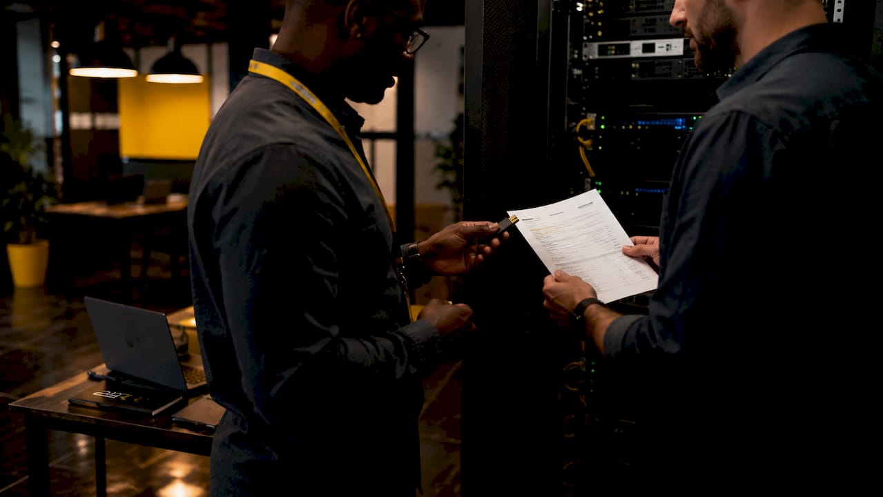 Collaborators exchanging cryptographic keys in server room