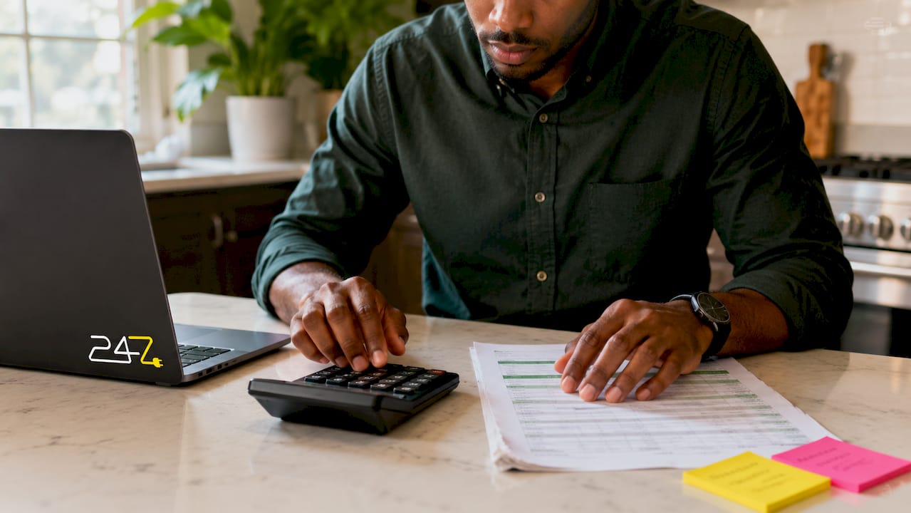 Hands using calculator next to financial spreadsheets