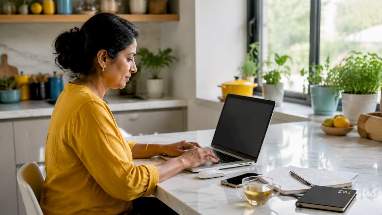 Small business owner working on laptop in home office