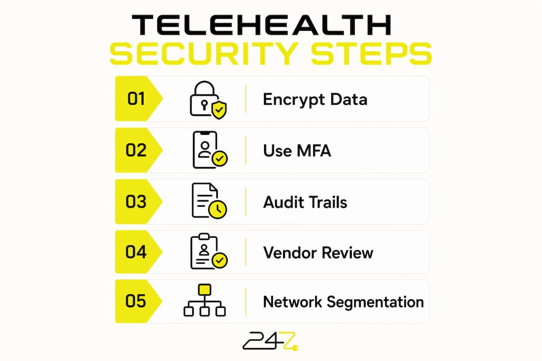 Infographic outlining telehealth cybersecurity steps