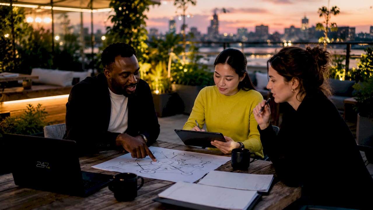 Diverse IT team discussing cybersecurity practices in meeting room